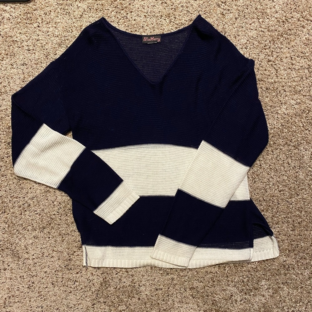 Navy Blue/White Light Weight Sweater. Perfect for spring and layering.